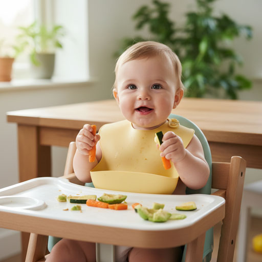 Fröhliches Baby im Hochstuhl erkundet selbstständig erste Beikost mit Gemüsesticks