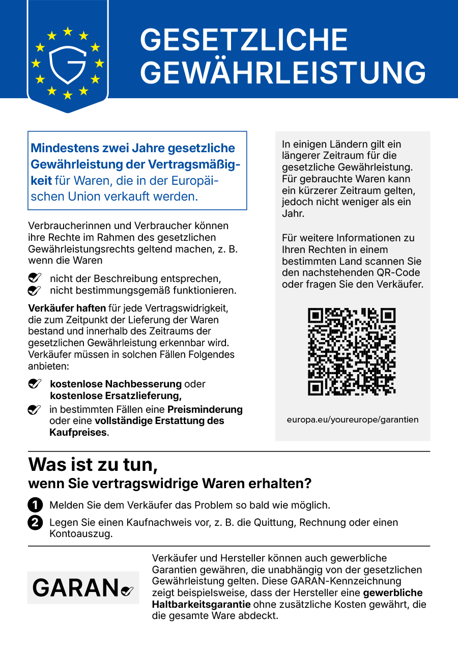 Gesetzliche Gewährleistung: Mindestens zwei Jahre gesetzliche Gewährleistung für Waren, die in der EU verkauft werden.